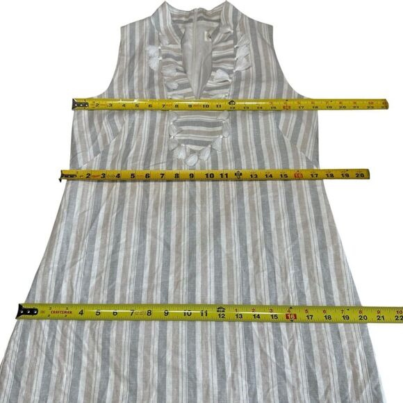 Eliza J Striped Linen Tassel Trim V-Neck Sleeveless Dress Sz 8 Gray Tan Coastal - Picture 7 of 8
